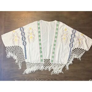 Hazel White Embroidered Macrame Fringe Kimono Wrap Top fringe Boho Festival SM